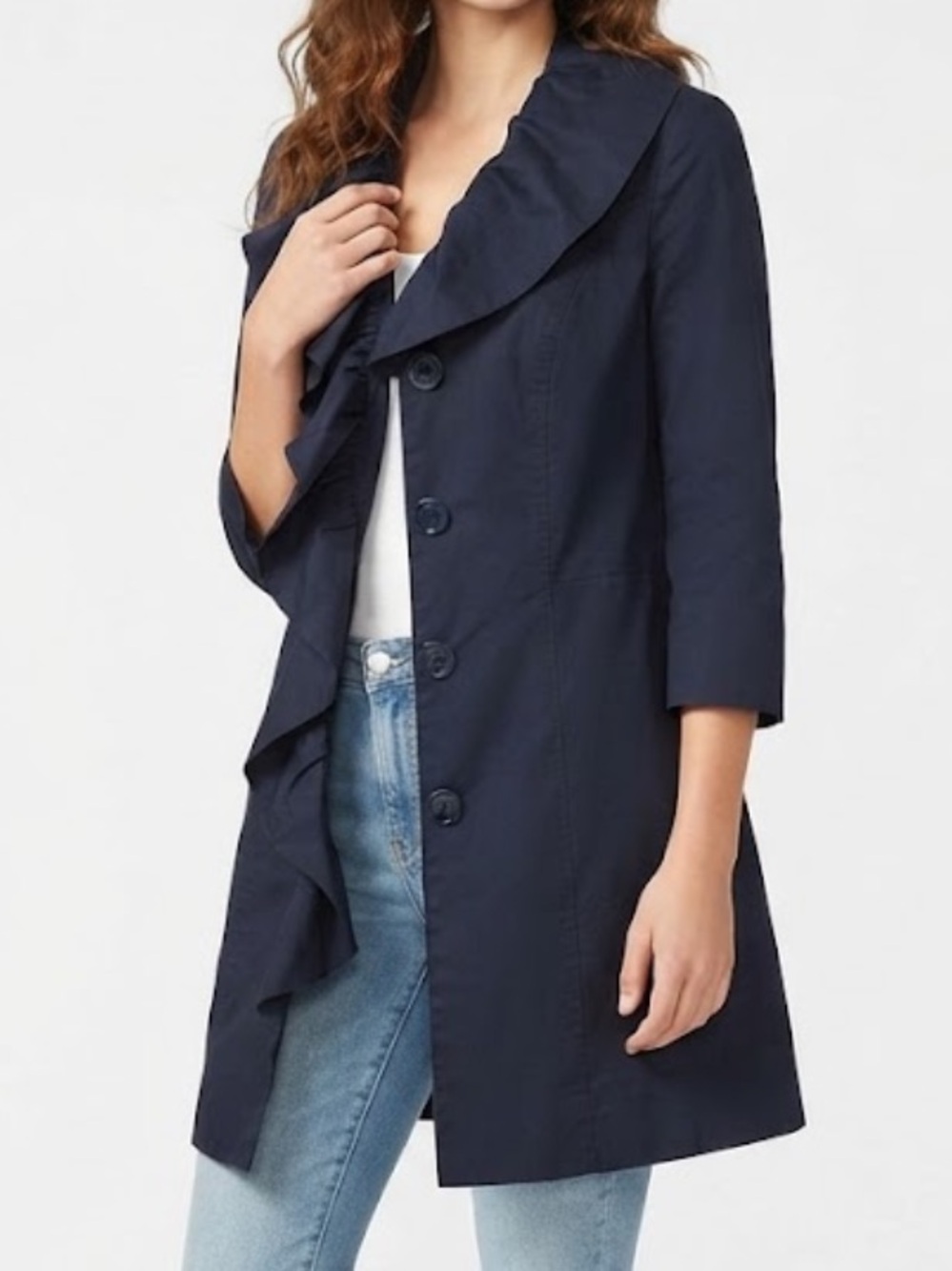 Cabi Women’s Ruffle-Trim Navy Trench Coat with Button Accents Size Medium